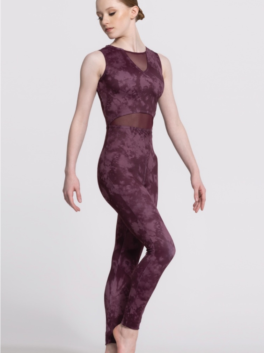 Weissman Plum Tie-Dye Mesh-Panel Sleeveless Jumpsuit